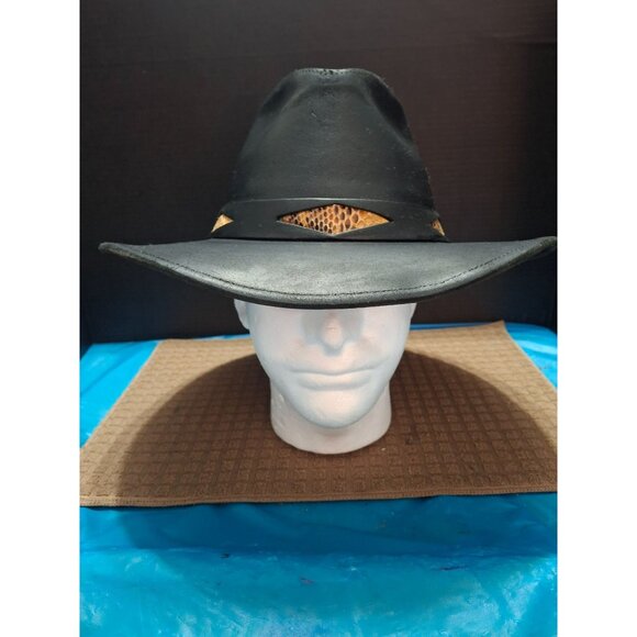 Black Western Leather Cowboy Hat With Snake Skin Band Size L - Picture 1 of 9